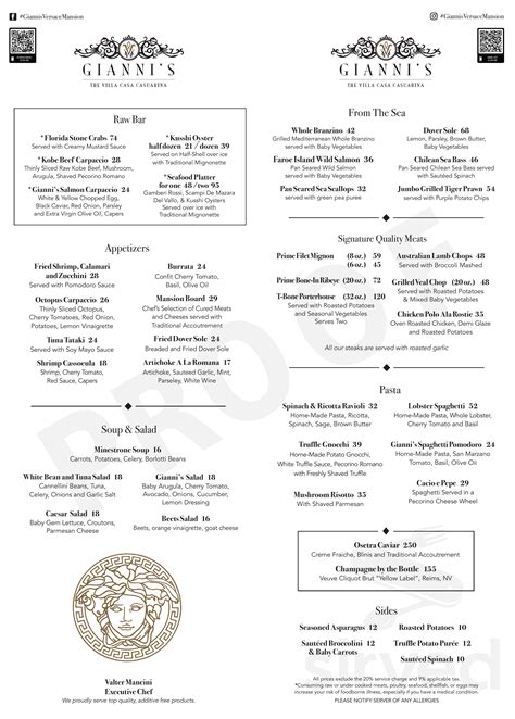 gianni's Versace restaurant menu